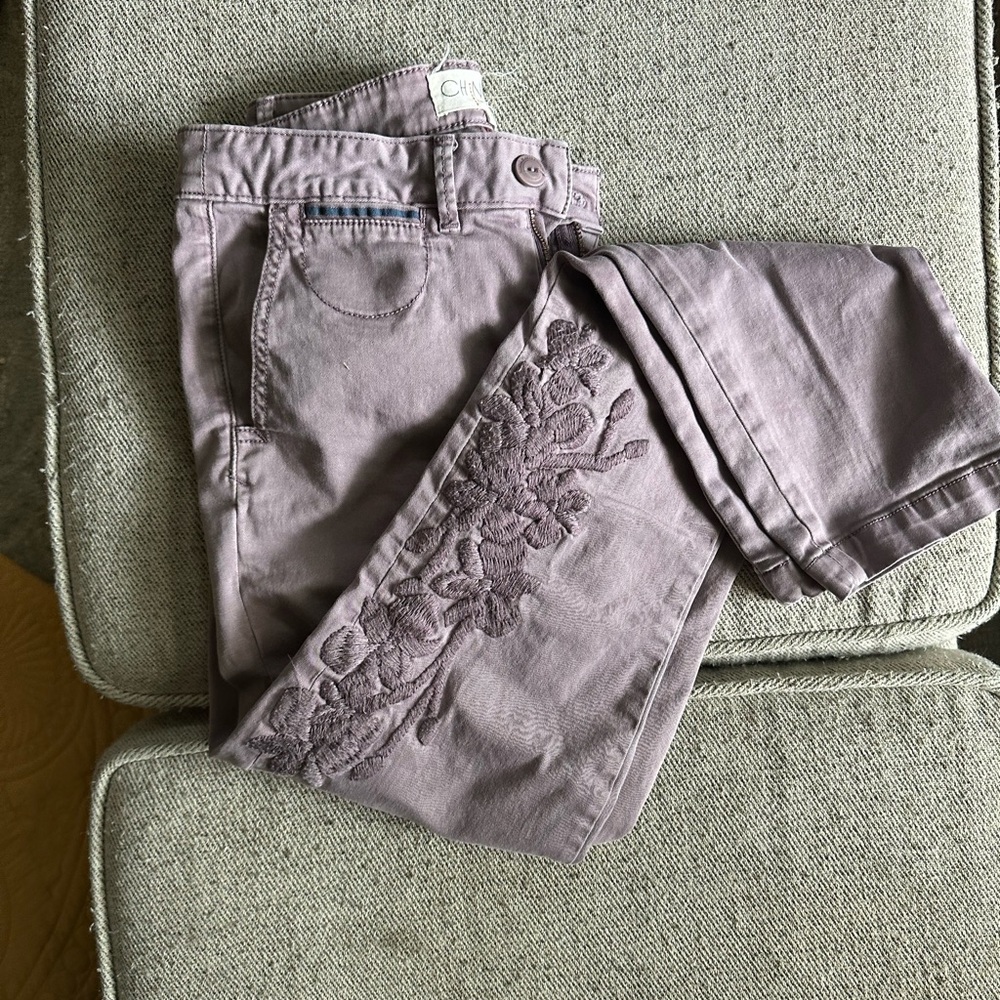Anthropologie Chino Lavendar Floral Embroidered Chinos